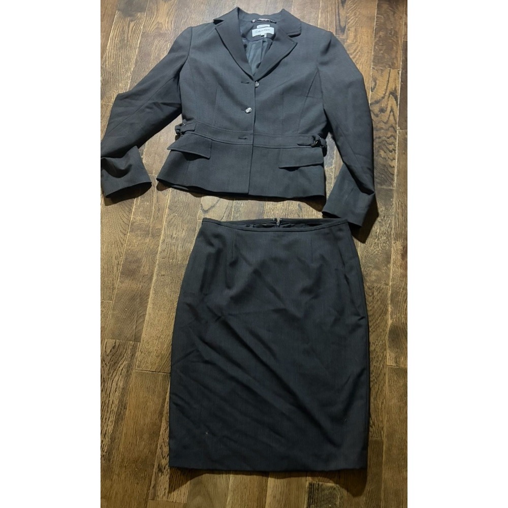 Women's Calvin Klein 2 Piece Charcoal Tailored Skirt Suit With Blazer Office 4